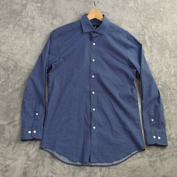 Psycho Bunny Shirt Mens 15 32/33 Long Sleeve Button Up Blue Geometric Print Work - Picture 1 of 11